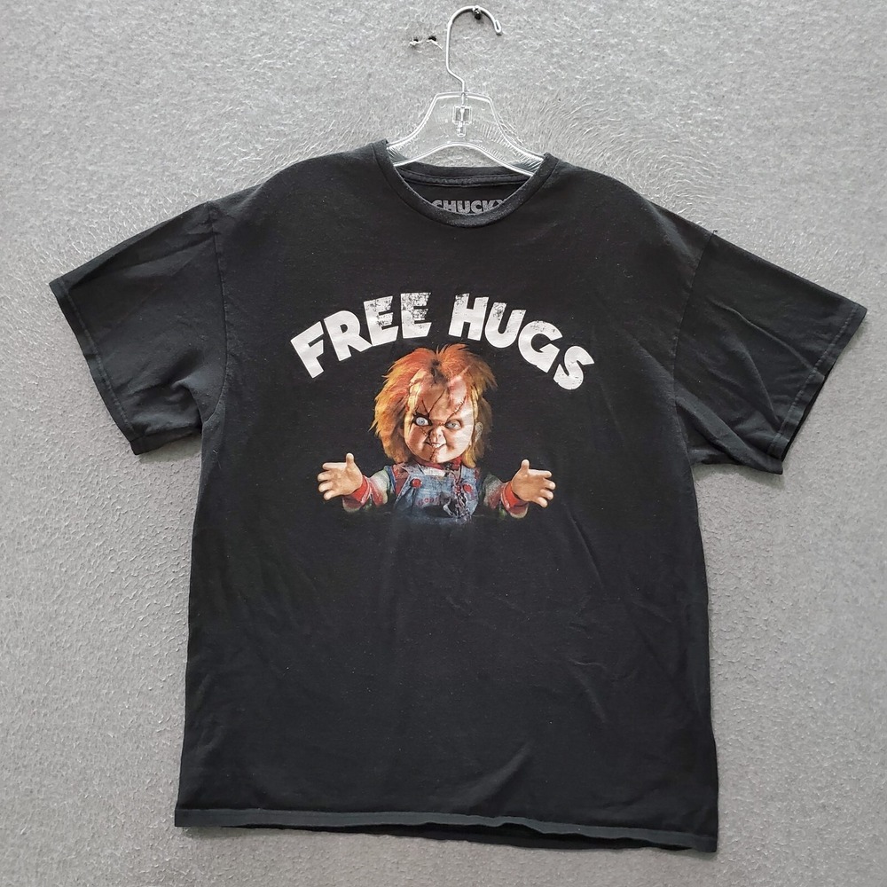 Chucky Men‎ T-Shirt Large Black Childs Play Free Hugs Doll Graphic 90s Crew Neck